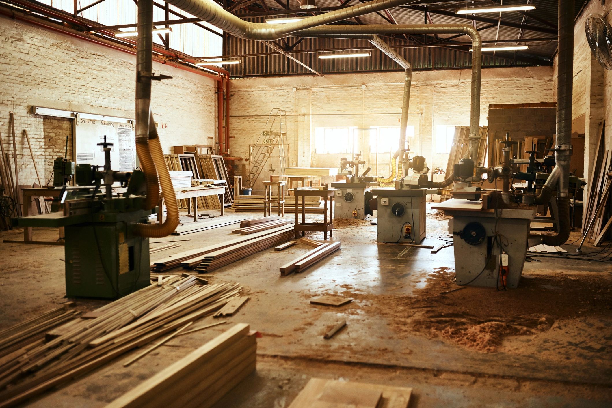 Carpentry workshop with wood and tools ready for work