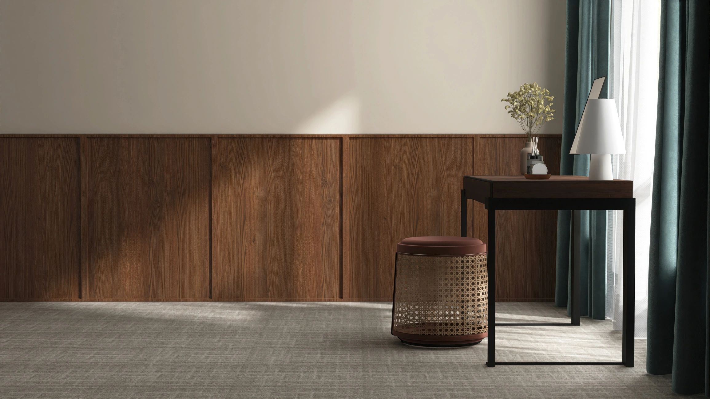 Minimal room with warm wood wall detail and sunlight