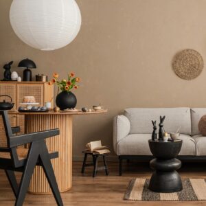 Modern geometric wood wall art panel photographed in a warm studio setting